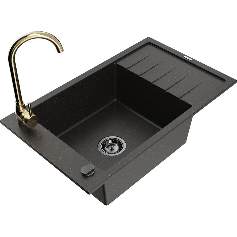 Zlewozmywak granitowy 1-komorowy Mexen Elias z ociekaczem i baterią kuchenną Telma czarny/złoty 6511-75-670200-50-B