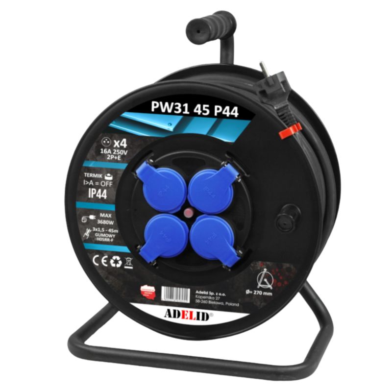Przedłużacz bębnowy Adelid 45 m 3x1,5 Na 4 Gniazda Czarny 1 szt.