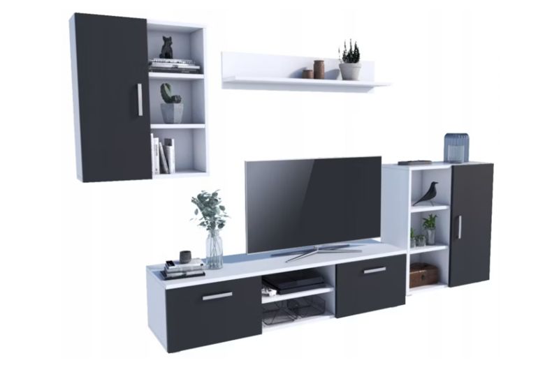 Zestaw mebli do salonu Kobi ICARO szafka RTV, szafka stojąca, szafka wisząca, półka - Biały / Czarny 1 szt.