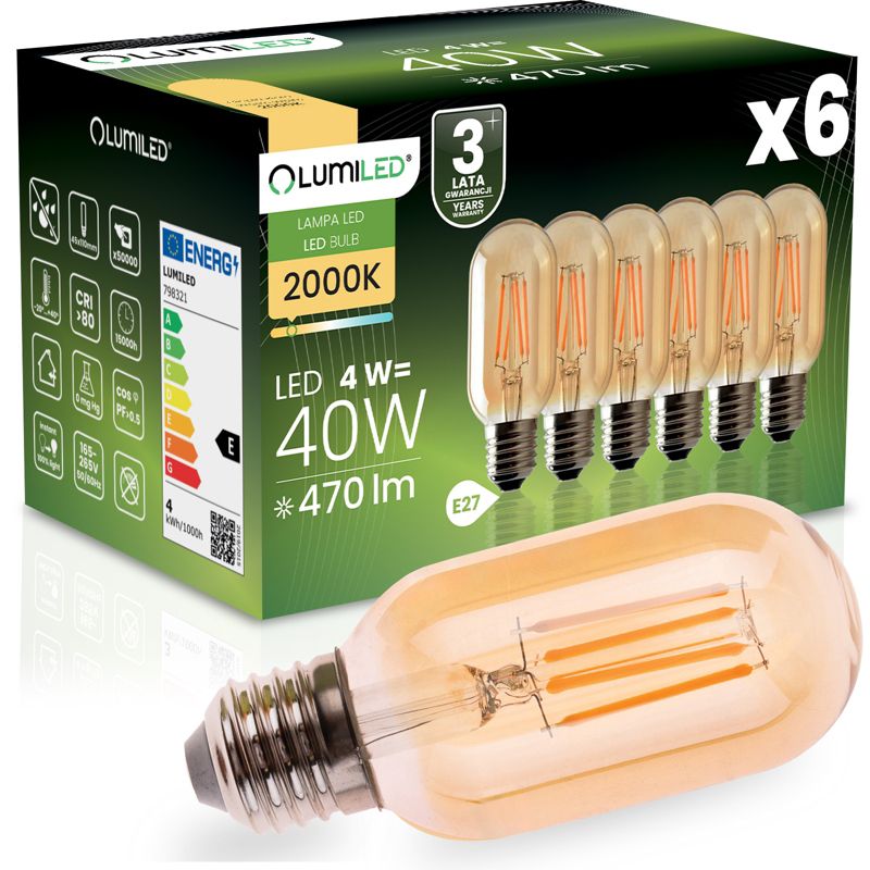 Żarówka LED Lumiled E27 T45 4W 470lm 2000K 360st Filament Amber 6 szt.