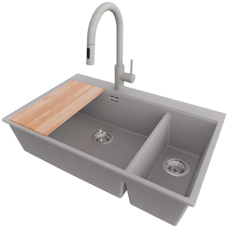 Zlewozmywak Granitowy Oslo Duo PRIMAGRAN Nablatowy 78x50cm do szafki od 80cm, Szary + Bateria + Syfon + Deska, S095, 1 szt.