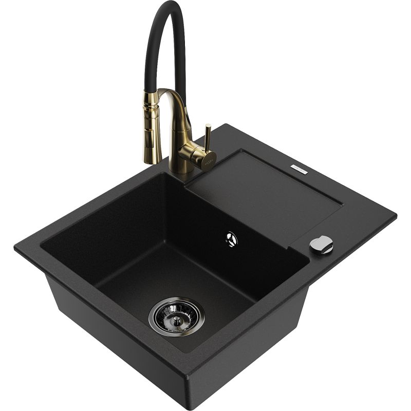 Zlewozmywak granitowy 1-komorowy Mexen Enzo z ociekaczem i baterią kuchenną Aster czarny - 6506-77-73450-07-B 1 szt.