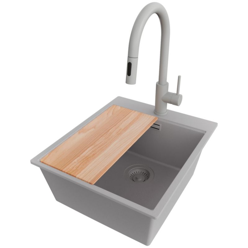 Zlewozmywak Granitowy Oslo PRIMAGRAN Nablatowy 43x50cm do szafki od 45cm, Szary + Bateria 40x20cm + Syfon + Deska, S206, 1 szt.