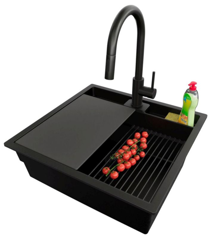 Zlewozmywak Granitowy Bergen Pocket PRIMAGRAN Nablatowy 56x54cm, Cały Czarny + Bateria + Syfon + Akcesorium, , 1 szt.