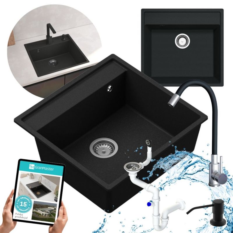Zestaw zlewozmywak kuchenny GranMaster Magma 1-komorowy bez ociekacza, baterią, dozownikiem płynu i syfonem, czarny metalik 1szt.