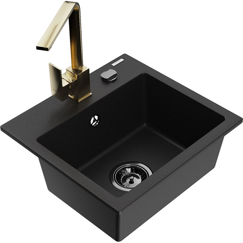 Zlewozmywak granitowy 1-komorowy Mexen Milo z baterią kuchenną Rita czarny - 6505-77-670300-70 1 szt.