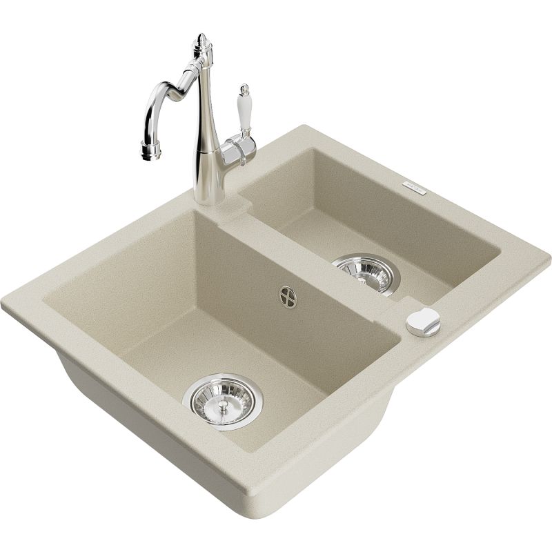 Zlewozmywak granitowy 1.5-komorowy Mexen Carlos z baterią kuchenną Carla beżowy 6518-69-670700-00