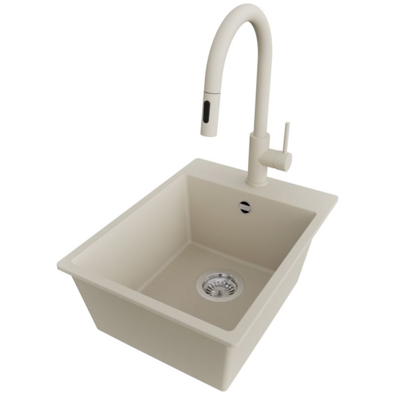 Zlewozmywak Granitowy Ryga PRIMAGRAN Nablatowy 38x50cm do szafki od 40cm, Beżowy + Bateria 40x20cm + Syfon, S059, 1 szt.