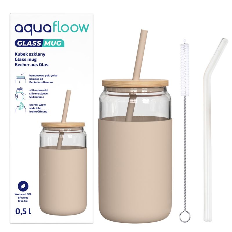 Kubek szklany, AquaFloow, z silikonowym etui, bambusową pokrywką, 2 słomkami, na napoje, 500ml, beżowy, 1szt