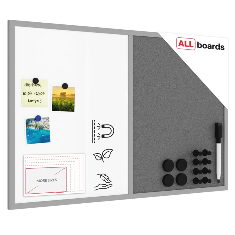 Tablica suchościeralno-korkowa ALLboards 90 x 60 cm powierzchnia korkowa szara i rama szara 1 szt.