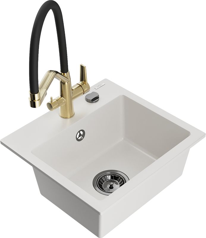 Zlewozmywak granitowy Mexen Milo 1-komorowy z baterią kuchenną Duo czarny - 6505-76-671701-57-B 1 szt.