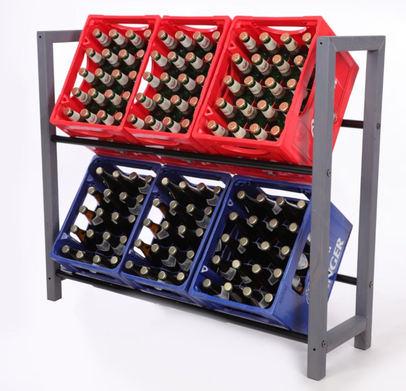 Regał na skrzynki MODO24 drewniany z metalowymi drążkami 2-poziomowy szary 1 szt.