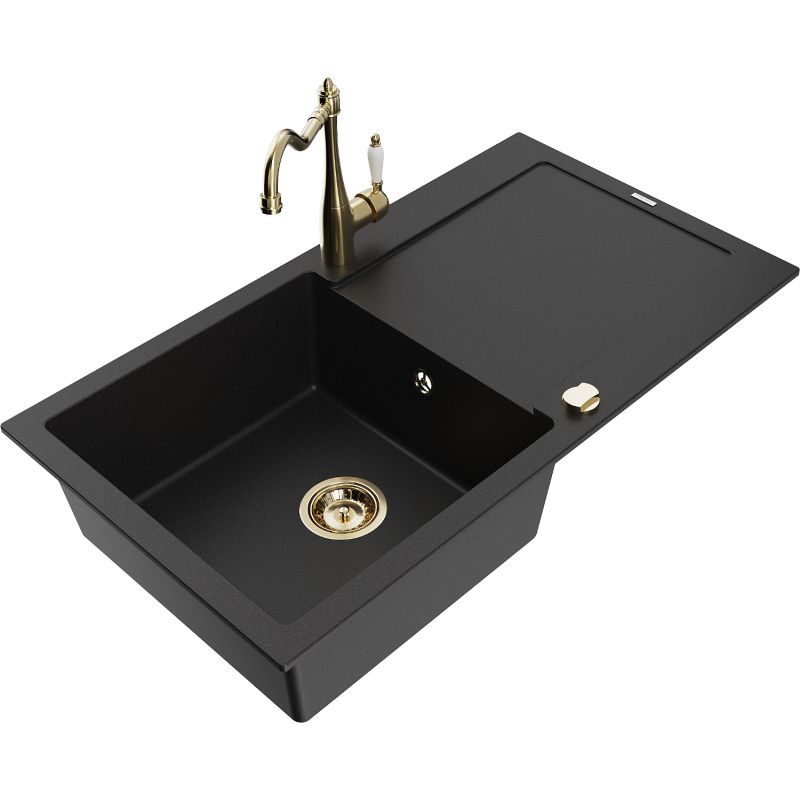 Zlewozmywak granitowy 1-komorowy Mexen Leo z ociekaczem i baterią kuchenną Carla czarny 6501-77-670700-50