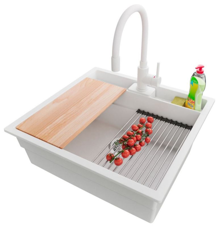 Zlewozmywak Granitowy Bergen Pocket PRIMAGRAN Nablatowy 56x54cm do szafki od 60cm, Biały + Bateria + Syfon + Akcesoria, , 1 szt.