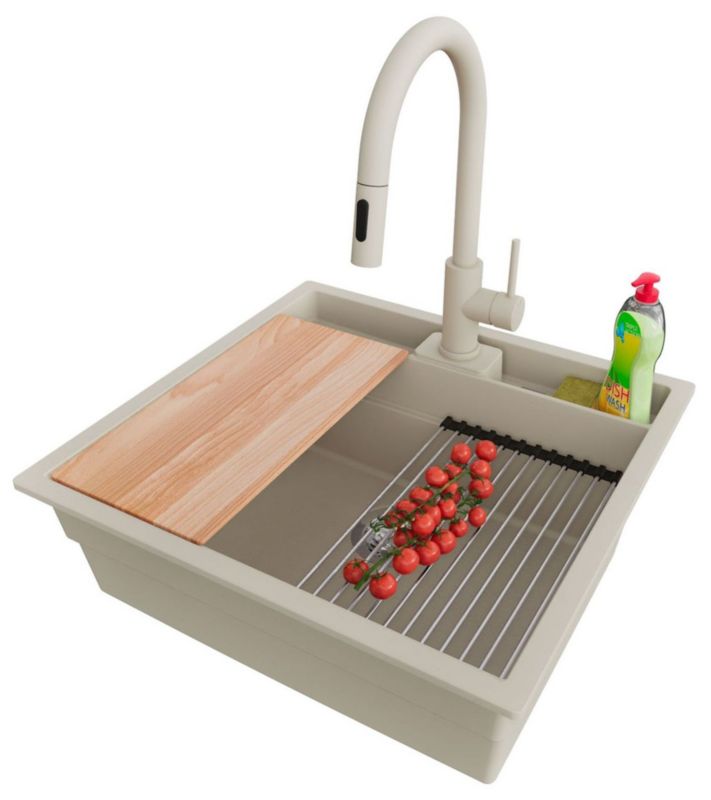 Zlewozmywak Granitowy Bergen Pocket PRIMAGRAN Nablatowy 56x54cm do szafki od 60cm, Beżowy + Bateria + Syfon + Akcesoria, , 1 szt.