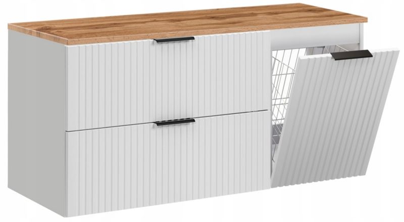 Szafka pod umywalkę Furnidea 120 cm ryflowana z koszem na pranie biały z blatem dąb Wotan Adel 1 szt.