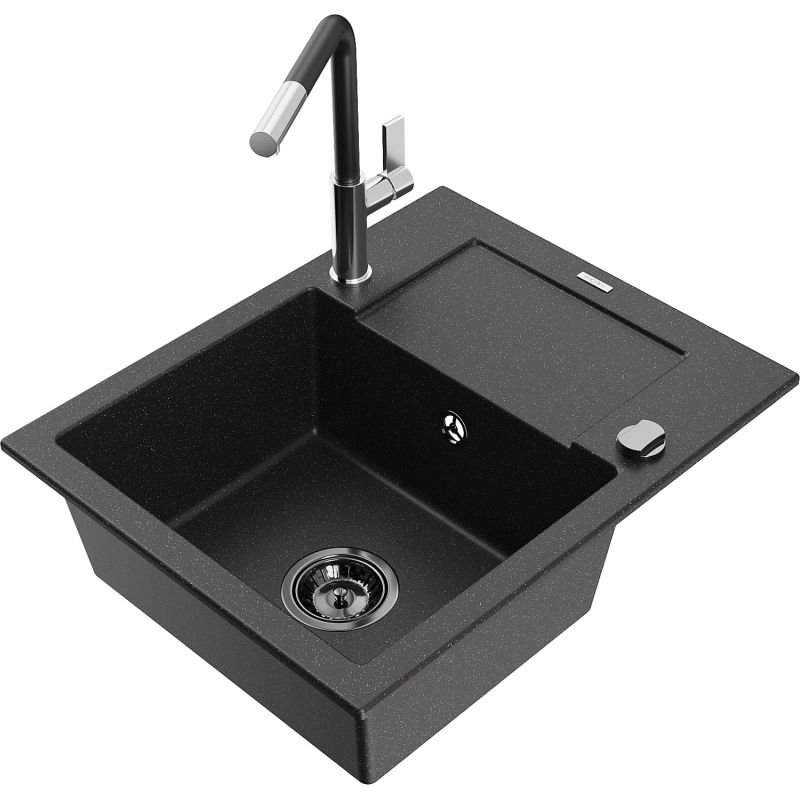 Zlewozmywak granitowy 1-komorowy Mexen Enzo z ociekaczem i baterią kuchenną Flora czarny/srebrny metalik 6506-73-670401-07-B