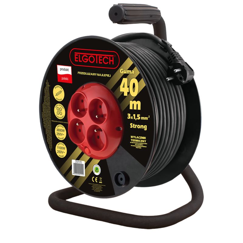 Przedłużacz bębnowy gumowy Elgotech z uziemieniem 4 gniazda 3 x 1,5 mm2 40 m