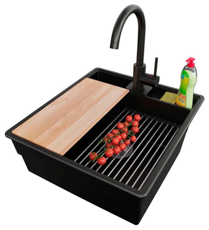 Zlewozmywak Granitowy Nowy Jork PRIMAGRAN Nablatowy 48x53cm do szafki od 50cm, Czarny + Bateria + Syfon + Akcesoria, , 1 szt.