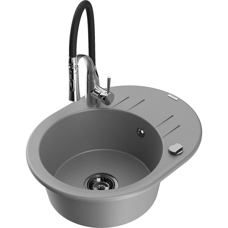 Zlewozmywak granitowy 1-komorowy Mexen Kevin z ociekaczem i baterią kuchenną Aster szary 6517-71-73450-07-B