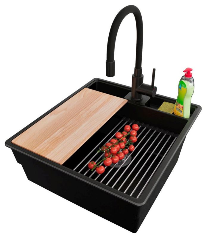 Zlewozmywak Granitowy Nowy Jork PRIMAGRAN Nablatowy 48x53cm do szafki od 50cm, Czarny + Bateria + Syfon + Akcesoria, , 1 szt.