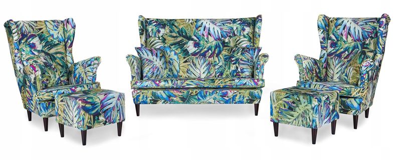 Zestaw wypoczynkowy uszak do salonu sofa fotele pufy Family Meble Ari Print niebieski 1szt