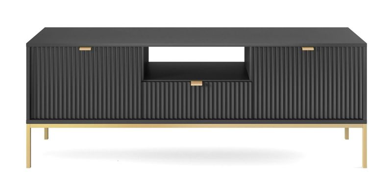Szafka RTV Almagro INTESI czarna ryflowana z szufladą na wysokich złotych nogach 154 cm 1 szt.