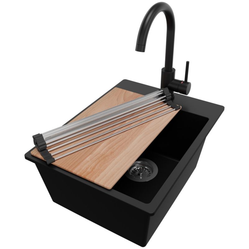 Zlewozmywak Granitowy Ryga PRIMAGRAN Nablatowy 38x50cm do szafki od 40cm z Syfonem i Baterią i Dodatkiem Czarny 1 szt.