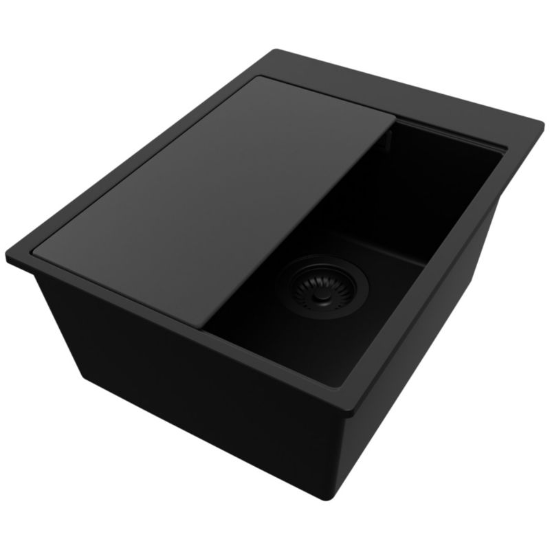 Zlewozmywak Oslo PRIMAGRAN Nablatowy 38x50cm do szafki od 40cm, Cały Czarny + Syfon + Deska, S107, 1 szt.