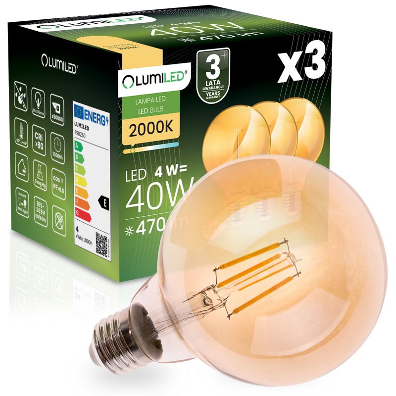 Żarówka LED Lumiled E27 Kula G95 4W 470lm 2000K 360st Bursztynowa Filament 3 szt.