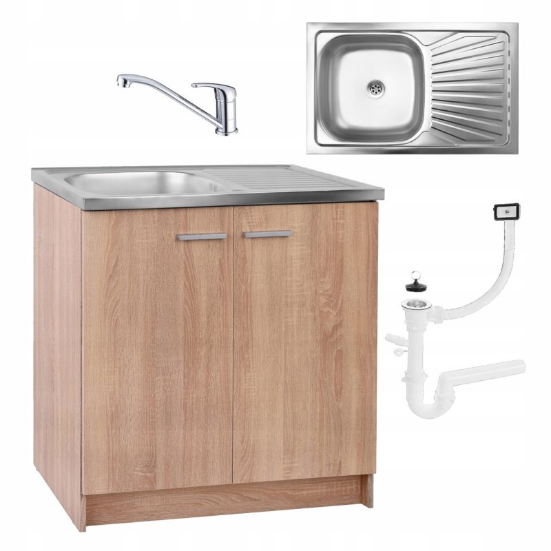Kuchenna Szafka Stamar Dąb Sonoma 800 mm ze Zlewem Bateria Obrotowa Chrom Syfon 1 szt