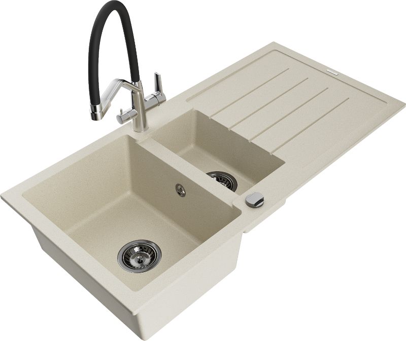 Zlewozmywak granitowy Mexen Andres 1,5-komorowy z ociekaczem i baterią kuchenną Duo beżowy 6515-69-671701-07-B