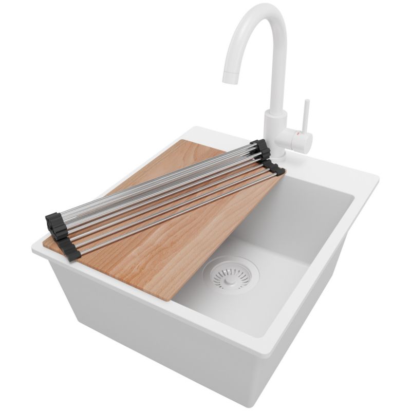 Zlewozmywak Granitowy Ryga PRIMAGRAN Nablatowy 43x50cm do szafki od 45cm z Syfonem i Baterią i Dodatkiem Cały Biały 1 szt.