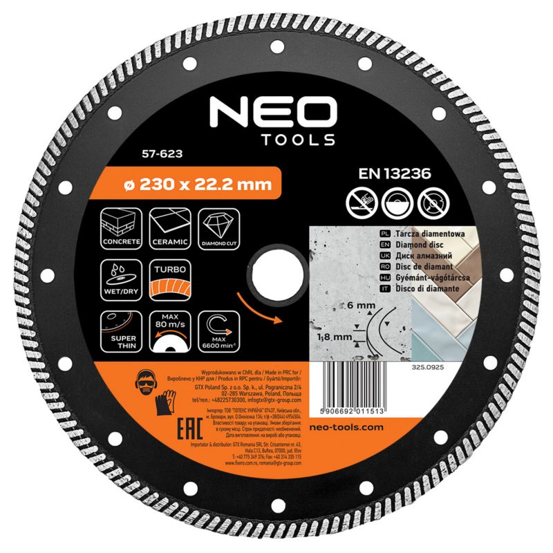 Tarcza diamentowa NEO TOOLS 230 x 22.2 mm, turbo super cienka 1 szt