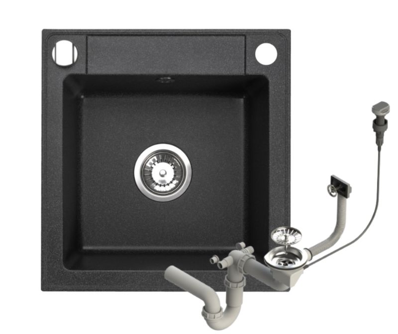 Zlewozmywak granitowy Brenor Belmondo czarny nakrapiany 46x44cm jednokomorowy z syfonem automatycznym 1 szt