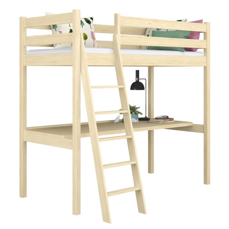 Drewniane łóżko N-WOOD na antresoli z biurkiem N03 sosna bezbarwna 100x190 1szt.
