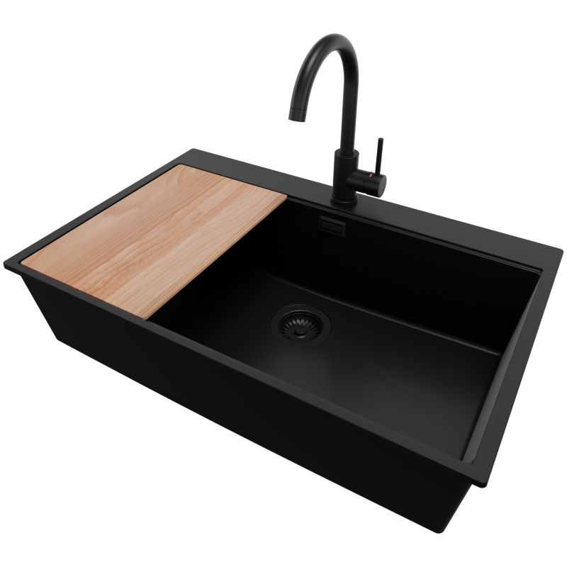 Zlewozmywak Granitowy Oslo PRIMAGRAN Nablatowy 78x50cm do szafki od 80cm, Cały Czarny + Bateria + Syfon + Deska, S606, 1 szt.