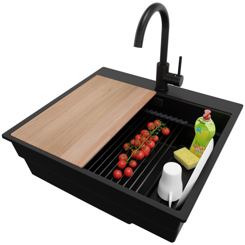 Zlewozmywak Granitowy Oslo Max PRIMAGRAN Nablatowy 58x53cm, Cały Czarny + Bateria + Syfon + Akcesorium, S054, 1 szt.