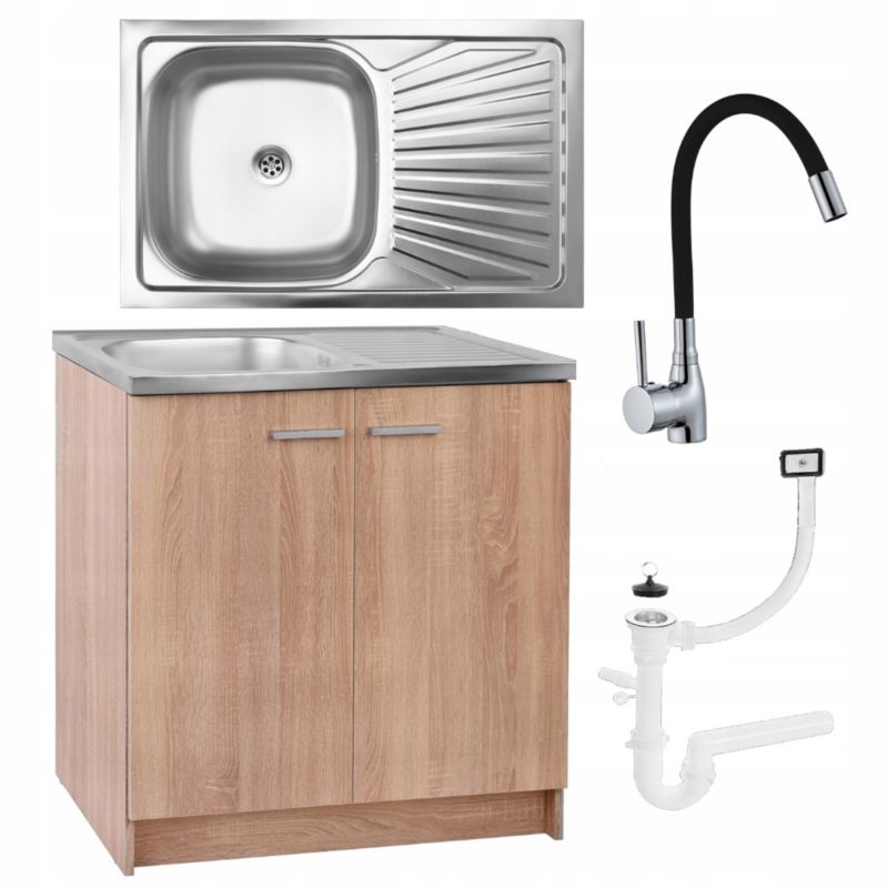 Szafka Kuchenna Stamar Dąb Sonoma 800 mm Zlewozmywak Bateria Elastyczna Czarna Syfon 1 szt