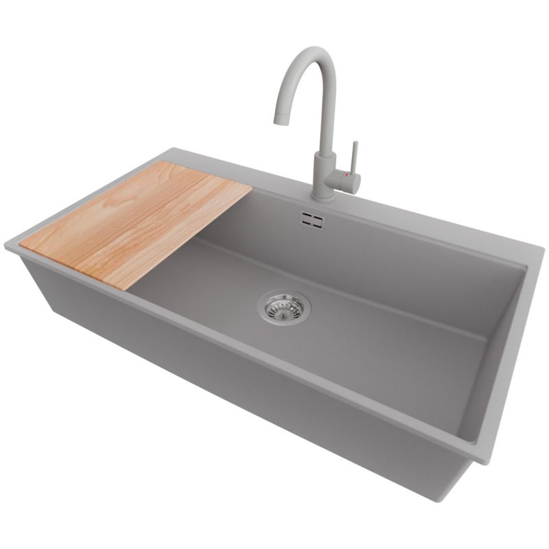 Zlewozmywak Granitowy Oslo PRIMAGRAN Nablatowy 88x50cm do szafki od 90cm, Szary + Bateria 32x20cm + Syfon + Deska, S719, 1 szt.