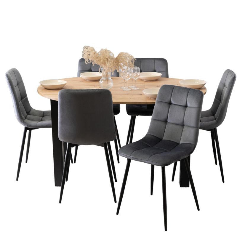 Zestaw Mebel Elite Stół Rozkładany Okrągły Kuchenny Krzesło 6x Do Jadalni Komplet Szare 1 kpl