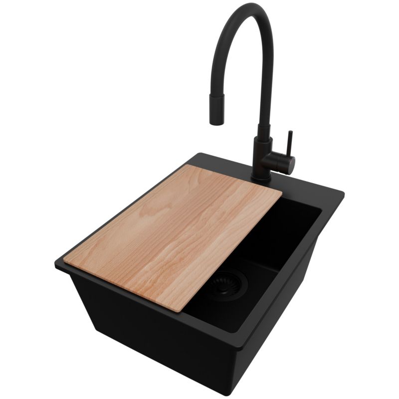 Zlewozmywak Granitowy Ryga PRIMAGRAN Nablatowy 38x50cm do szafki od 40cm z Syfonem i Baterią i Dodatkiem Cały Czarny 1 szt.