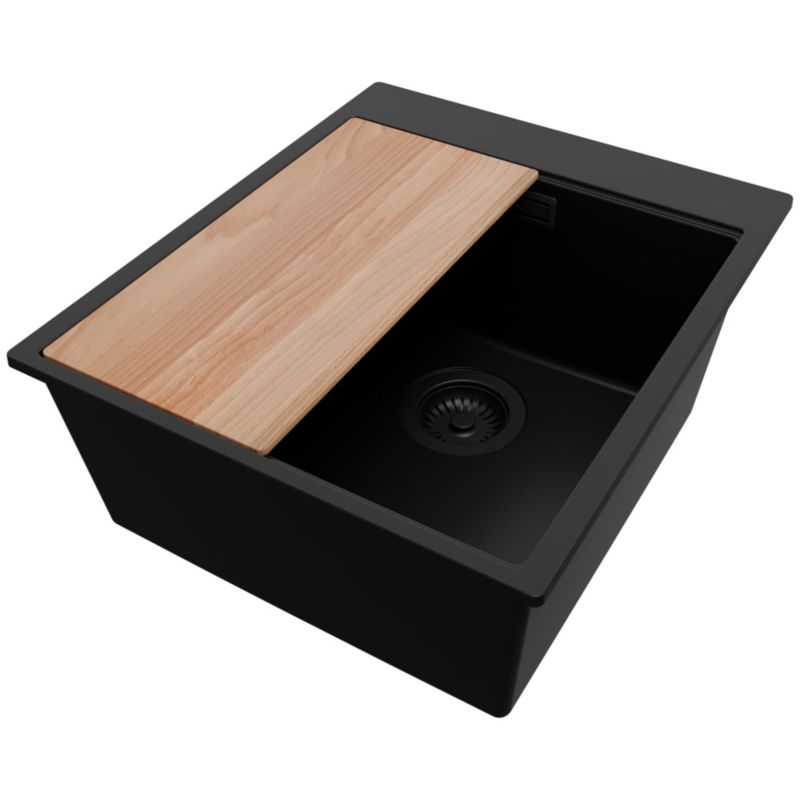 Zlewozmywak Oslo PRIMAGRAN Nablatowy 43x50cm do szafki od 45cm, Cały Czarny + Syfon + Deska, S189, 1 szt.