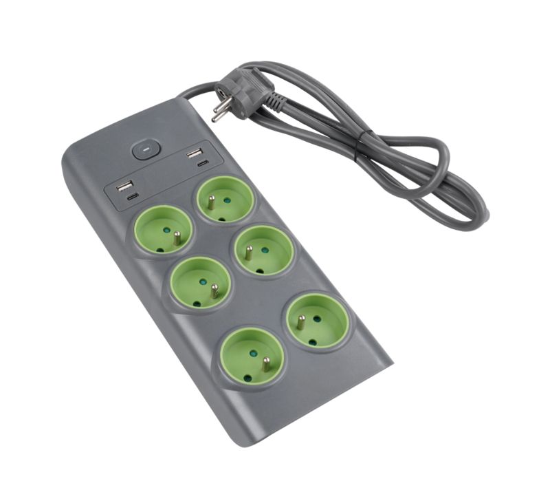 Przedłużacz mieszkaniowy 6 gniazdkowy USB z uziemieniem 1,5 m szaro-zielony