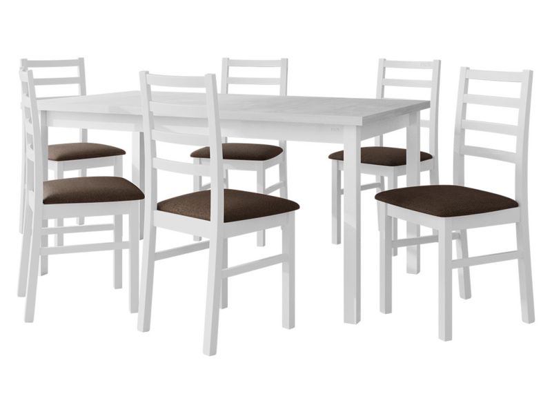 Zestaw DR02 MIRJAN 24 Stół rozkładany Modena II 90x160/200 + 6 krzeseł Nilo 8 biały + brązowa tapicerka 1 kpl.