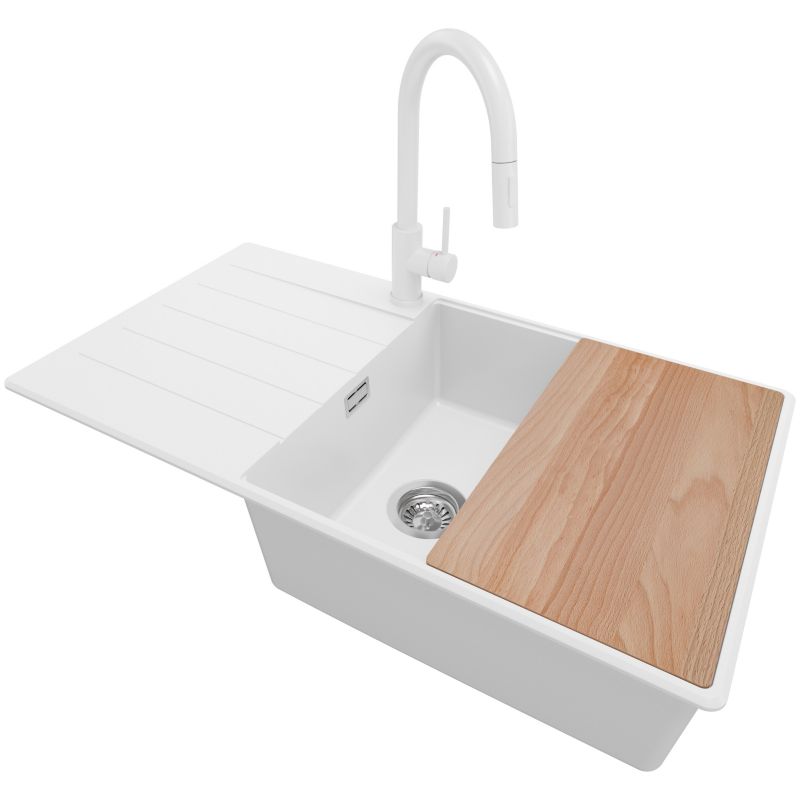 Zlewozmywak Granitowy Kopenhaga PRIMAGRAN Nablatowy 90x50cm do szafki od 60cm, Biały + Bateria + Syfon + Deska, S735, 1 szt.