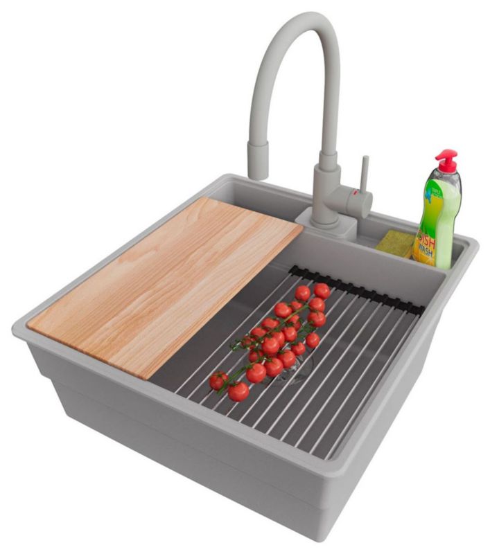 Zlewozmywak Granitowy Nowy Jork PRIMAGRAN Nablatowy 48x53cm do szafki od 50cm, Szary + Bateria + Syfon + Akcesoria, , 1 szt.