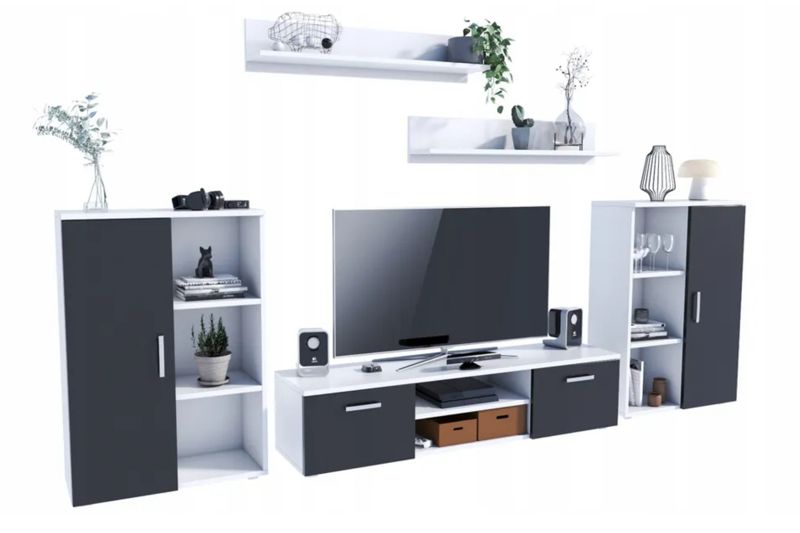 Zestaw mebli do salonu Kobi ERCOL szafka RTV, komody, półki - Biały / Czarny 1 szt.