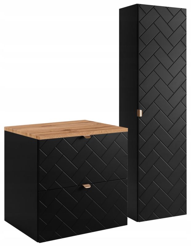Zestaw mebli łazienkowych Furnidea czarny 60 cm szafka pod umywalkę blat dąb wotan słupek ryflowany Trend zestaw