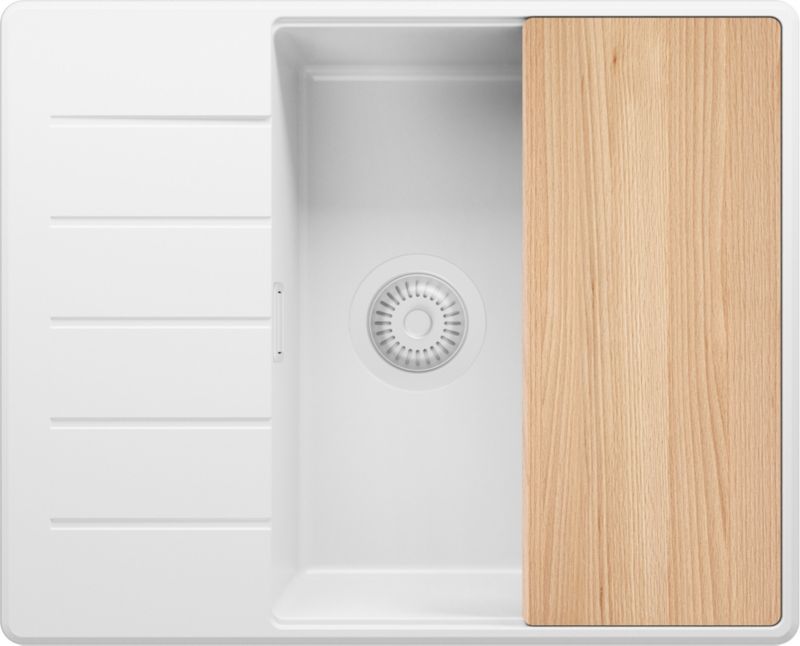 Zlewozmywak Kopenhaga PRIMAGRAN Nablatowy 62x50cm do szafki od 50cm, Cały Biały + Syfon + Deska, S440, 1 szt.